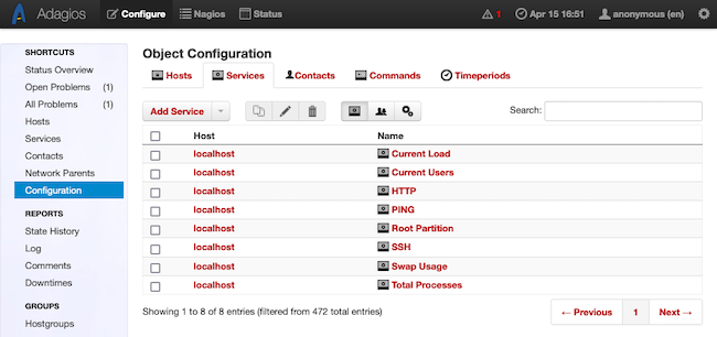 Adagios page for configuring services Adagios page for configuring services