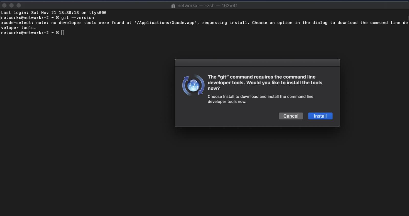 The “git” command requires the command line developer tools.