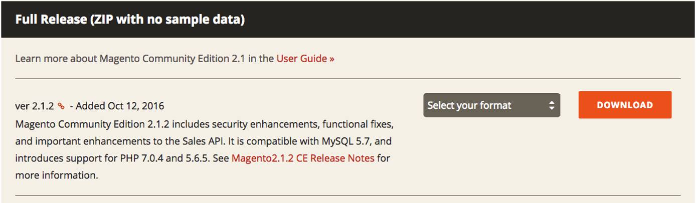 The Magento download screen The Magento download screen