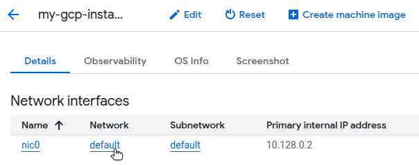Google Cloud Console screenshot of VM’s Network interfaces details. Google Cloud Console screenshot of VM’s Network interfaces details.