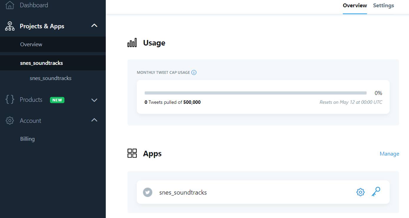 The Twitter developer portal after project and app have been created The Twitter developer portal after project and app have been created