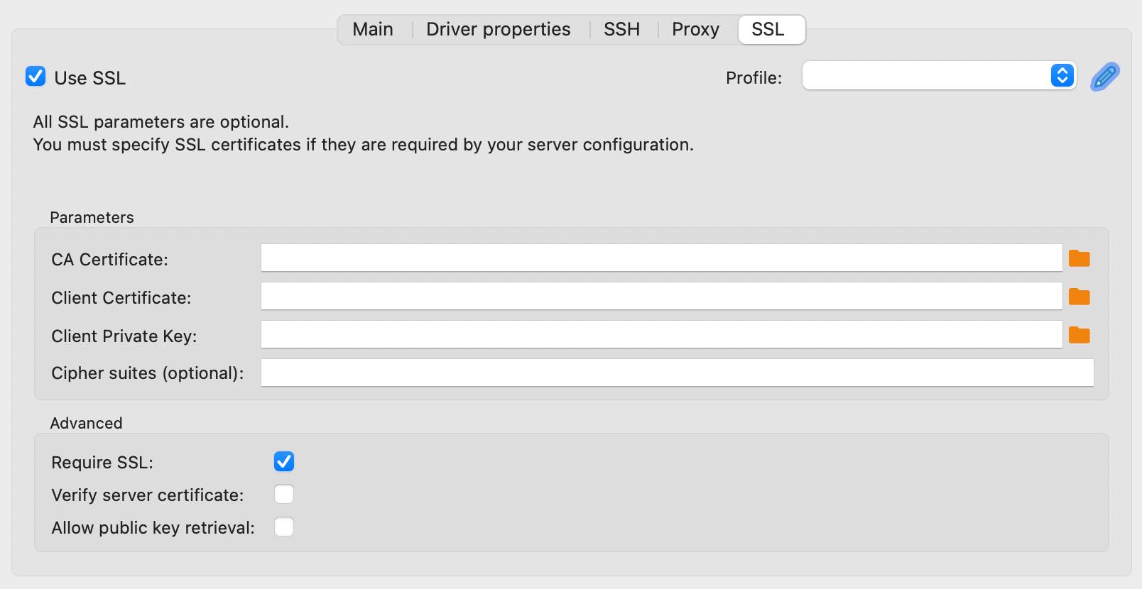Screenshot of DBeaver’s MySQL SSL connection settings.